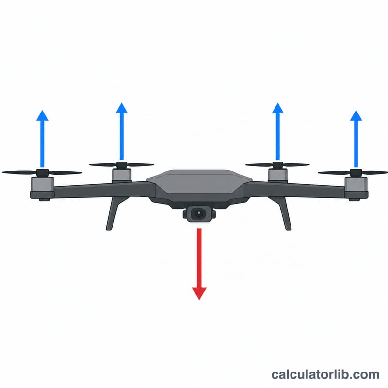 Drone bốn cánh với bốn mũi tên lực đẩy hướng lên cân bằng với một mũi tên trọng lượng hướng xuống