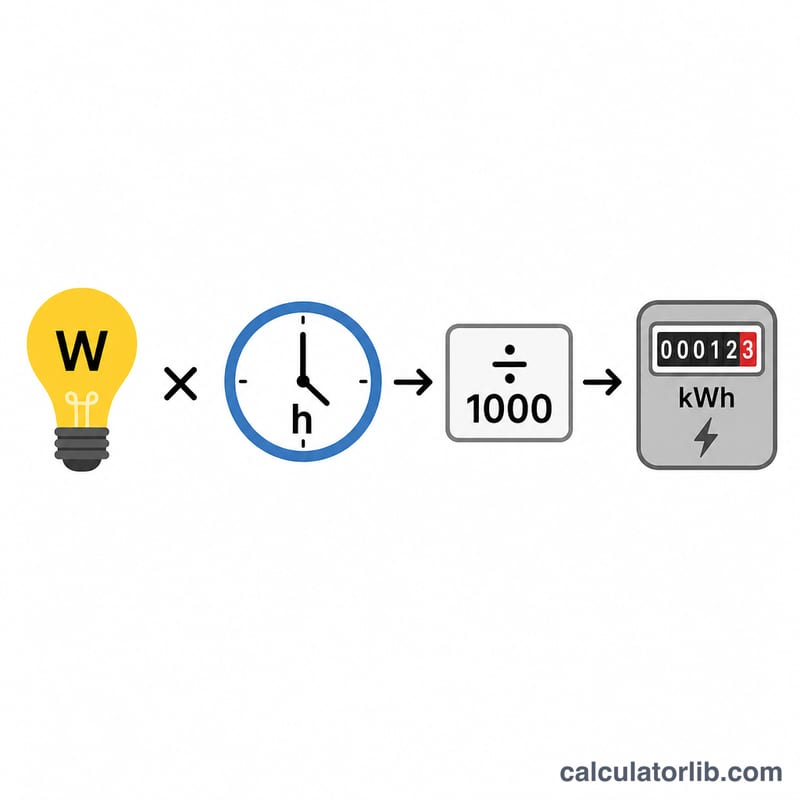 Flat diagram showing watts times hours per day divided by 1000 equals kilowatt-hours per day