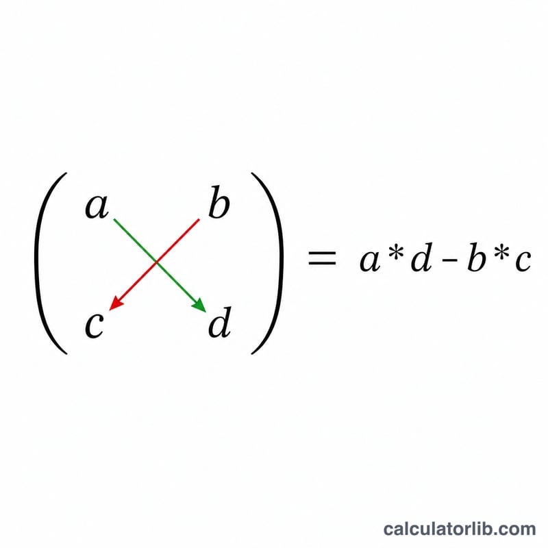 Matrice 2x2 avec les éléments a, b, c, d et la formule du déterminant ad moins bc