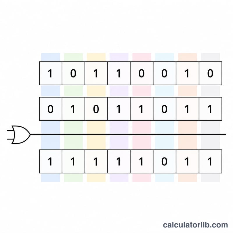 Bitwise OR of two binary numbers shown column by column producing a result row