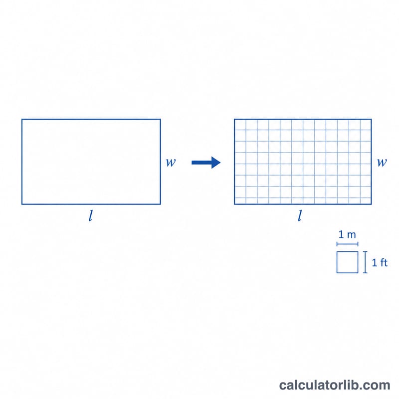 Rectangle labeled with length and width in meters converting to area in square feet