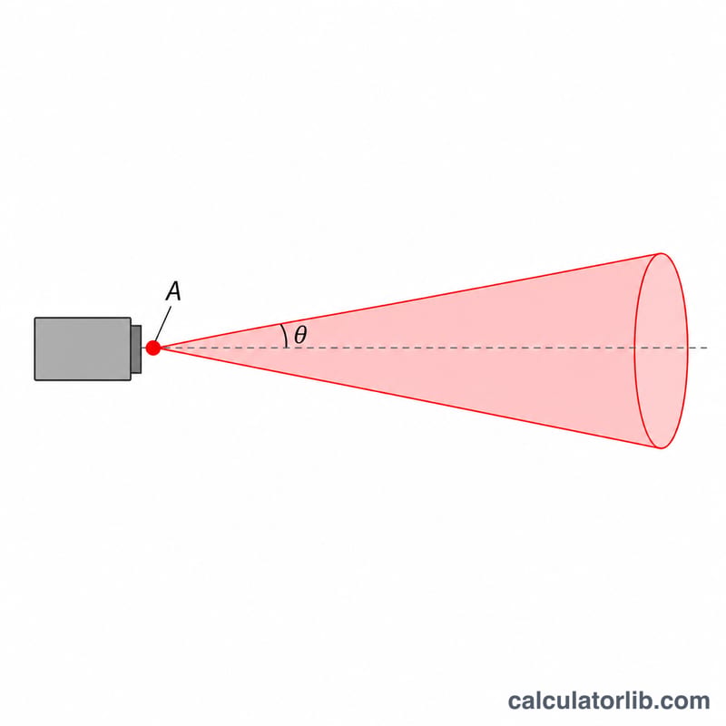 Diagram of a laser source emitting a beam with labeled spot area A and divergence angle theta into a solid angle cone