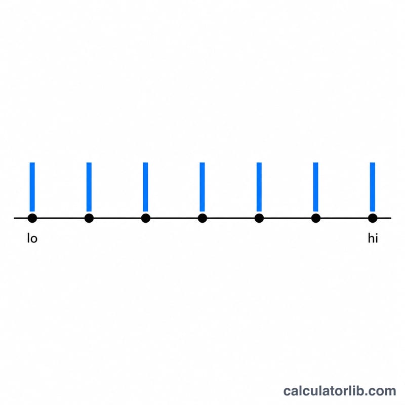 Flat number line showing an inclusive integer range from lo to hi with evenly spaced equal-height bars indicating equal probability