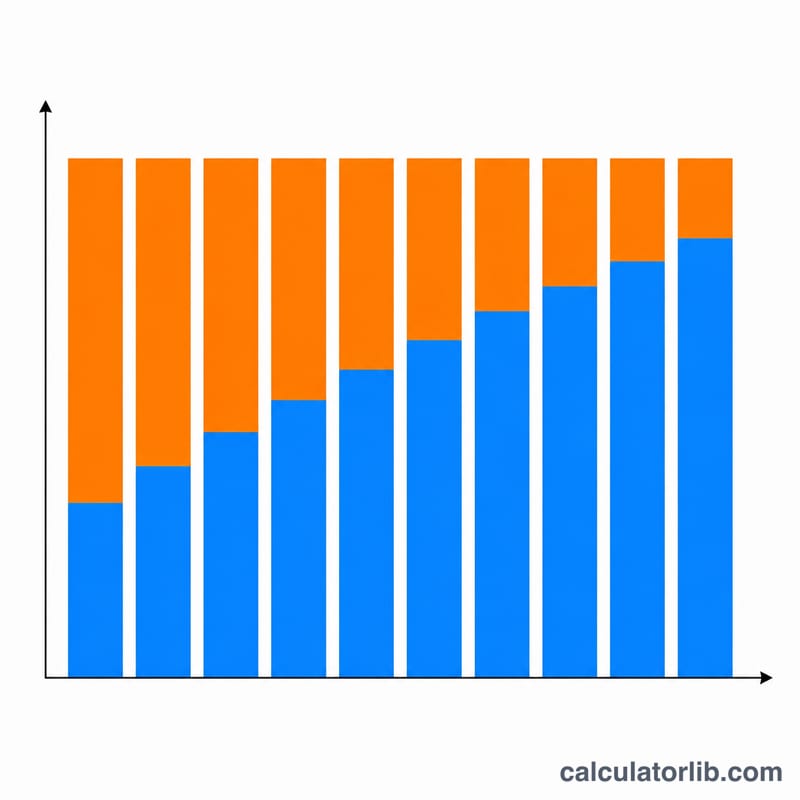 Stacked bar chart showing how each monthly mortgage payment splits between interest and principal over time