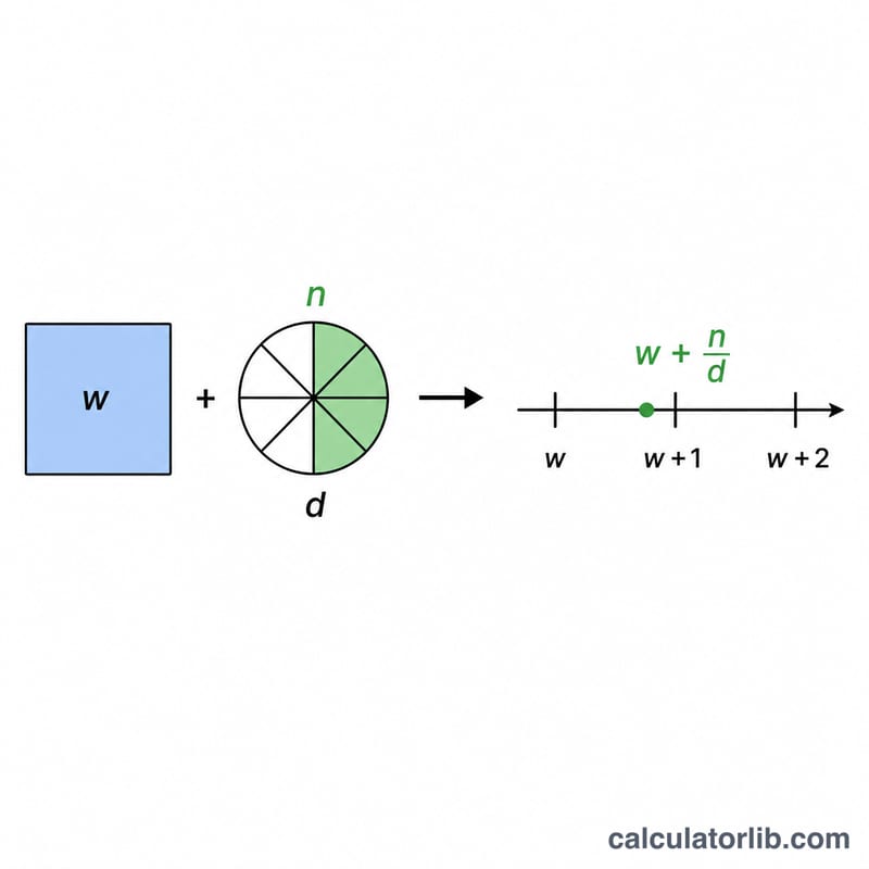 Mixed number split into whole part and fraction, mapped to a point on a number line