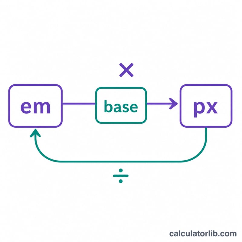 Diagram showing em multiplied by base font size equals pixels, with a reverse arrow back