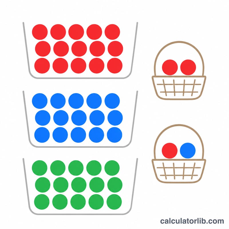 Selecting scoops from three flavor bins allowing repeats, with two example multiset selections