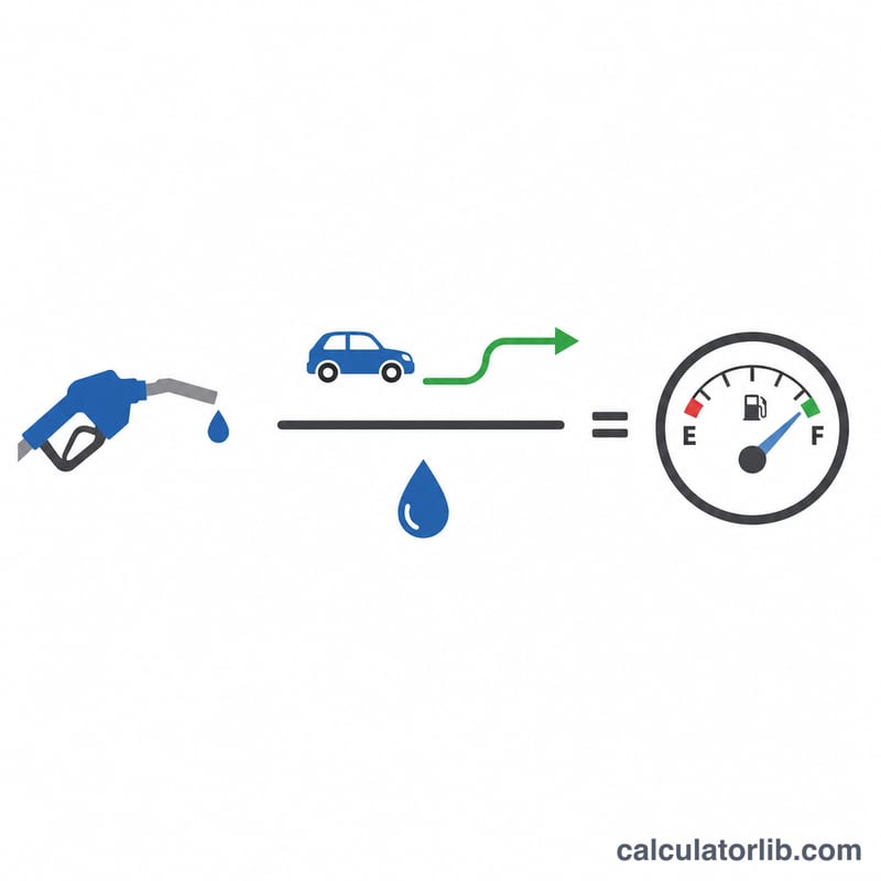 Diagram showing miles driven divided by gallons used equals miles per gallon