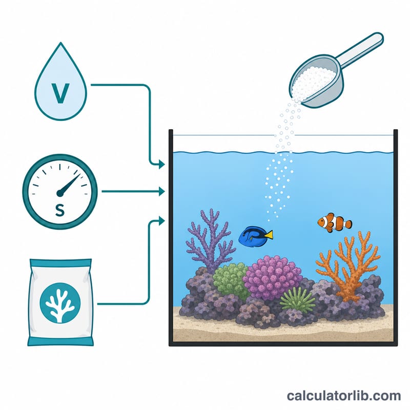 Diagram showing water volume, target salinity, and salt dose combining to determine grams of salt