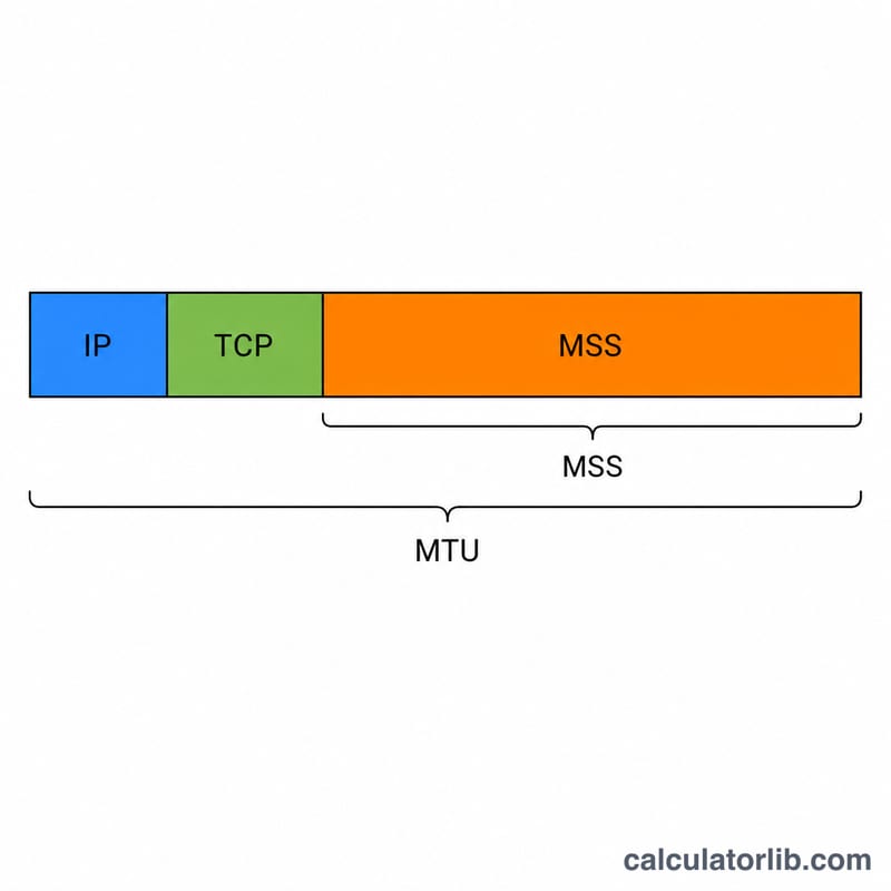 Diagram of an IP packet showing IP header, TCP header, and MSS payload within the MTU