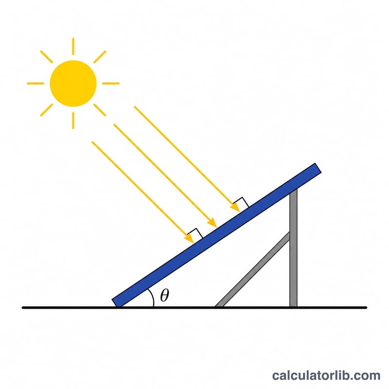 Side view of a tilted solar panel showing the tilt angle theta from the horizontal ground