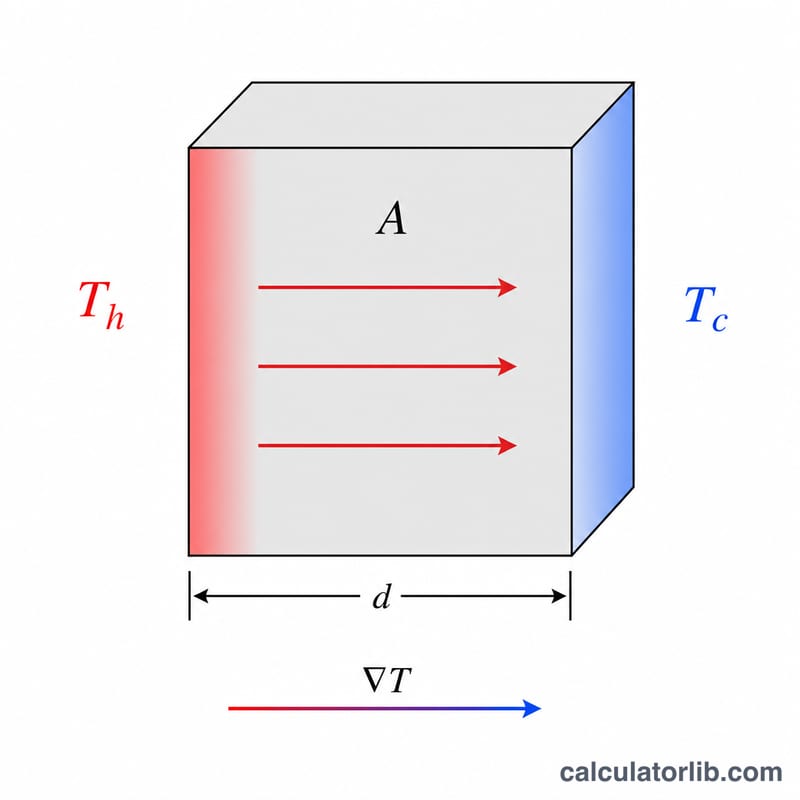 Diagram of conductive heat flow through a wall slab of thickness d and area A from a hot face to a cold face