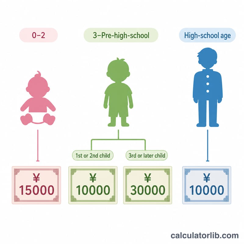 子どもの年齢・出生順位の区分と毎月の支給額（円）を結ぶ図
