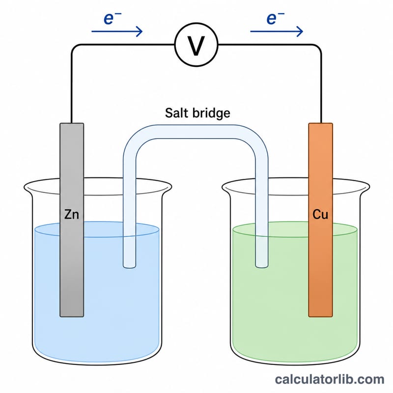 Electrochemical cell with two electrodes, voltmeter, and salt bridge