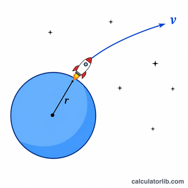 Rocket leaving a planet surface along an upward trajectory, with radius marked from center to surface