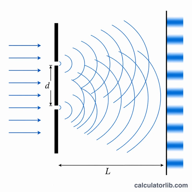 Diagram of Young's double-slit experiment showing coherent light passing through two slits separated by distance d, traveling distance L to a screen with an interference pattern of bright and dark fringes