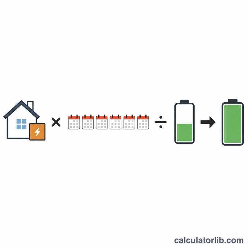 Diagram showing daily energy use multiplied by backup days divided by depth of discharge to give battery capacity
