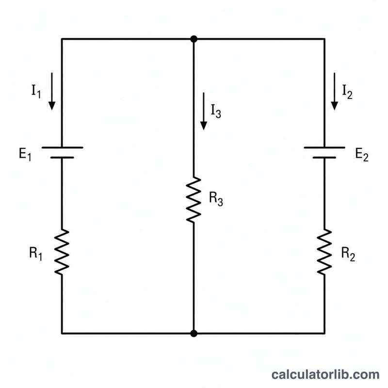 Two-loop DC circuit with two voltage sources and three resistors