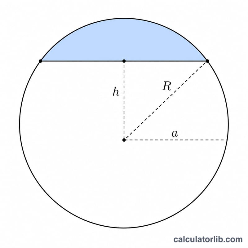 Cross-section of a sphere with a horizontal cut creating a spherical cap, showing base radius a, cap height h, and sphere radius R