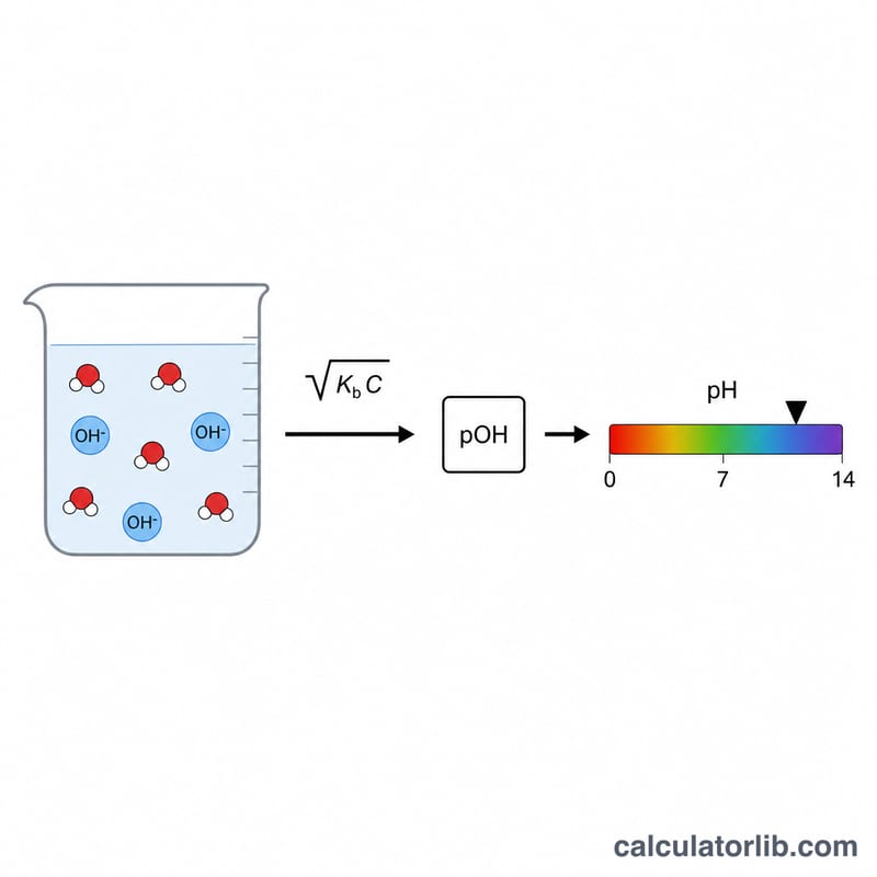 Diagram showing a weak base equilibrium with Kb leading to hydroxide ions, then pOH, then pH on a scale
