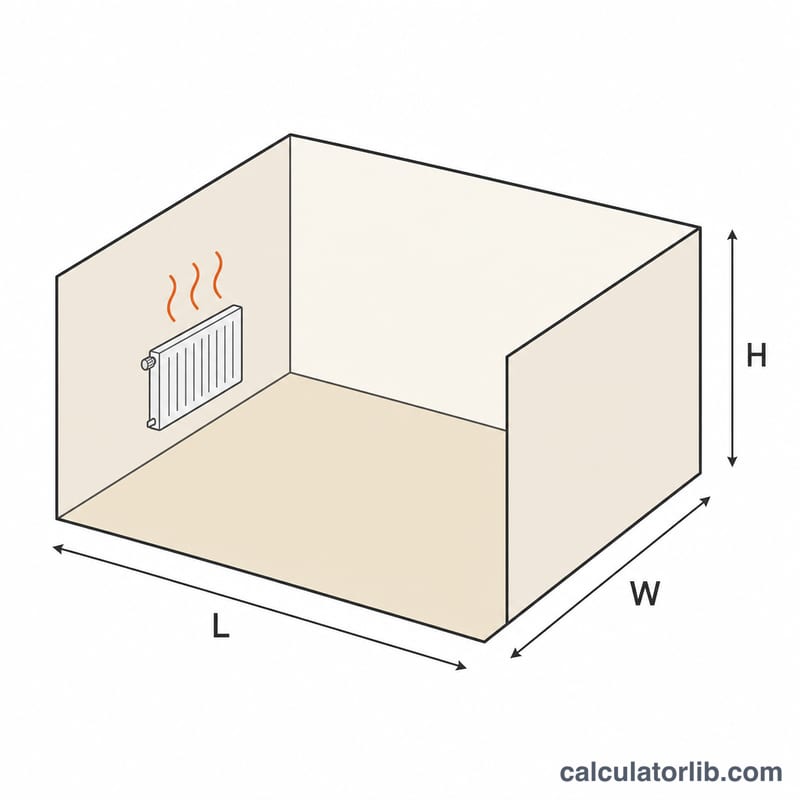 Room box with length, width and height edges labeled and a radiator on the wall