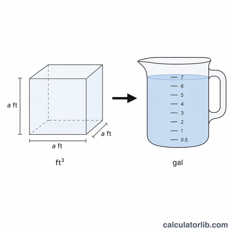 One cubic foot converting to about 7.48 gallons of liquid