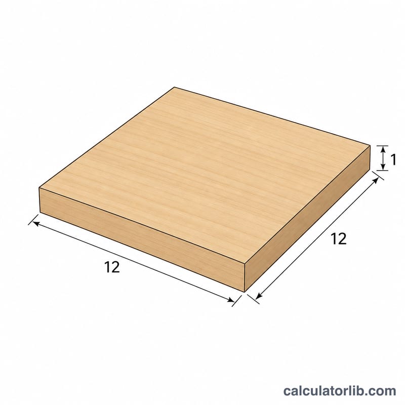 Diagram of a board foot as a wooden block measuring 12 inches by 12 inches by 1 inch