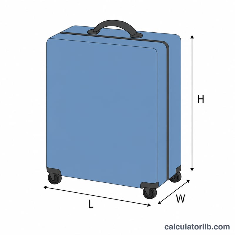 Suitcase shown as a box with length, width and height edges labeled