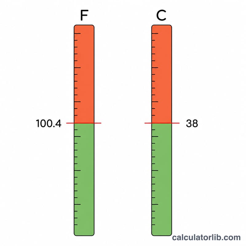 Side-by-side Fahrenheit and Celsius thermometer scales with a fever threshold line