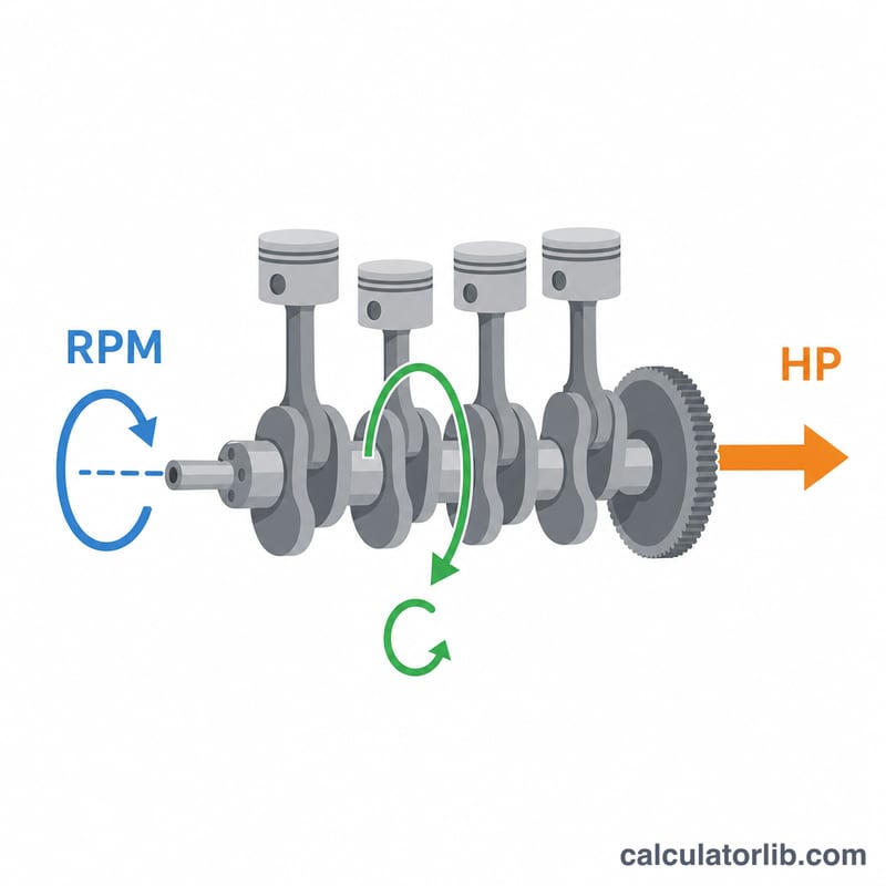 Diagrama que relaciona caballos de fuerza, par y RPM del motor en un cigüeñal giratorio