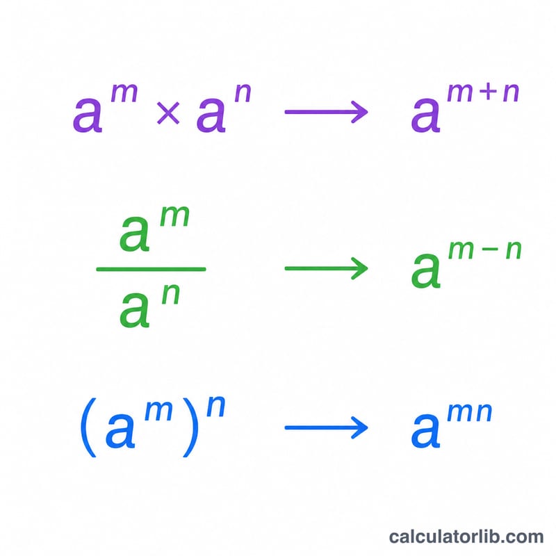 Diagram of the three exponent power rules: product, quotient, and power of a power