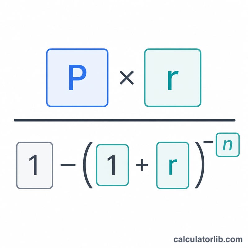 Diagram of the land loan monthly payment formula broken into numerator and denominator