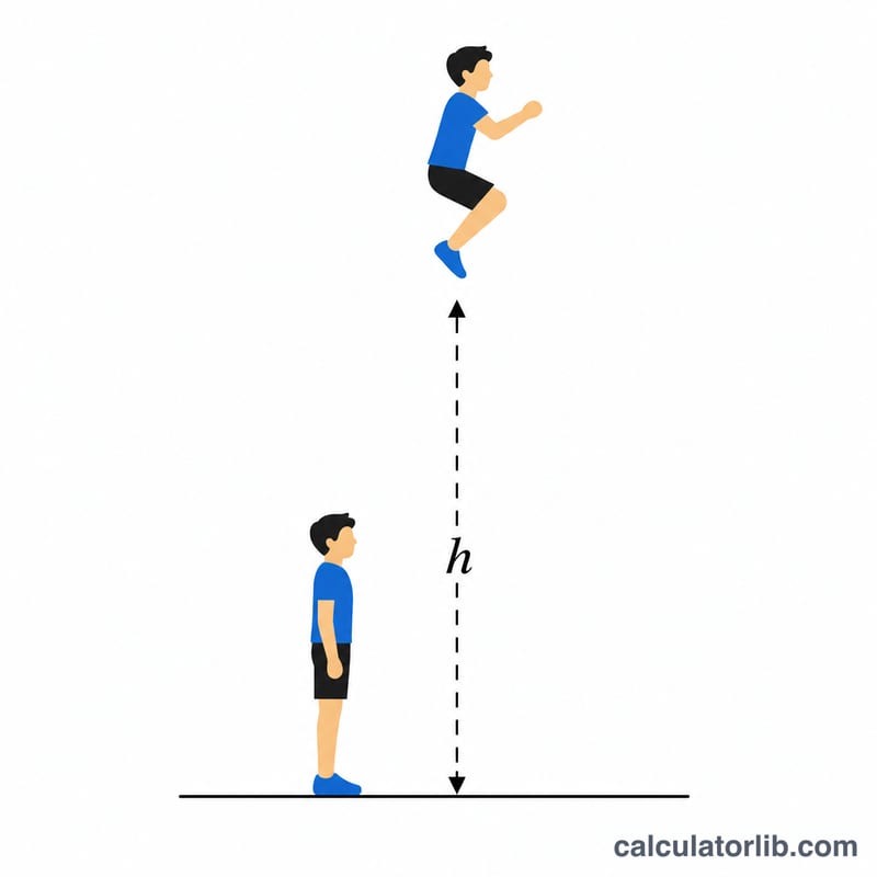 Diagram of a person at the peak of a vertical jump showing jump height above the ground