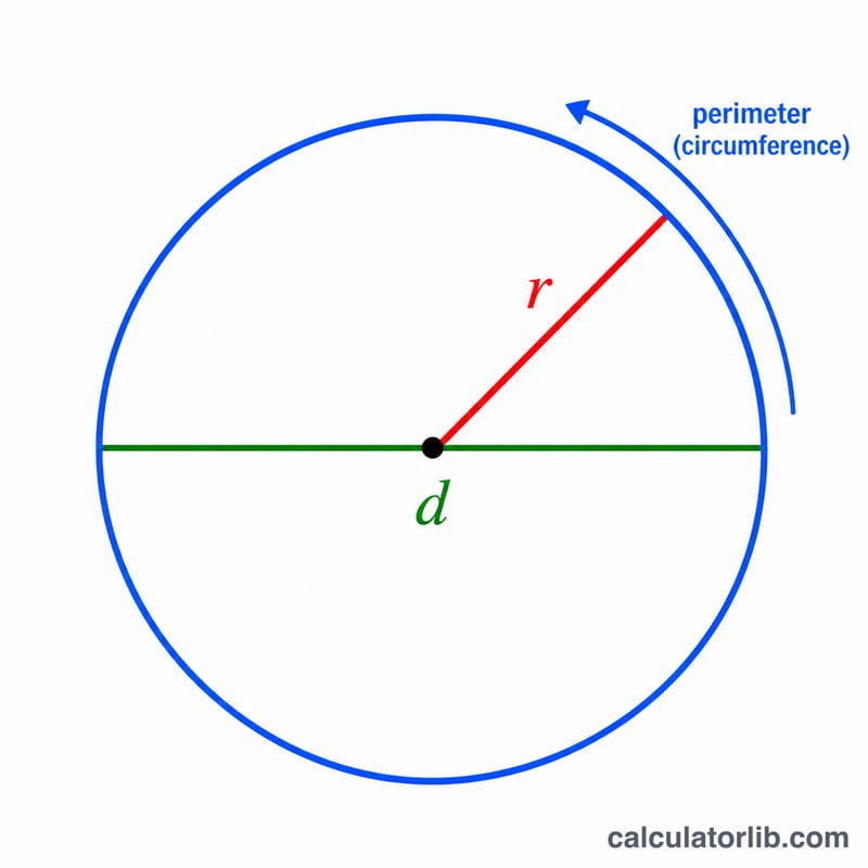 Cercle avec rayon, diamètre et circonférence annotés