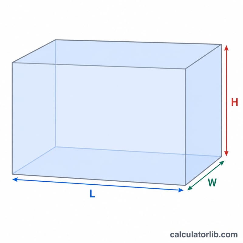Rectangular room box with length L, width W and height H edges labeled