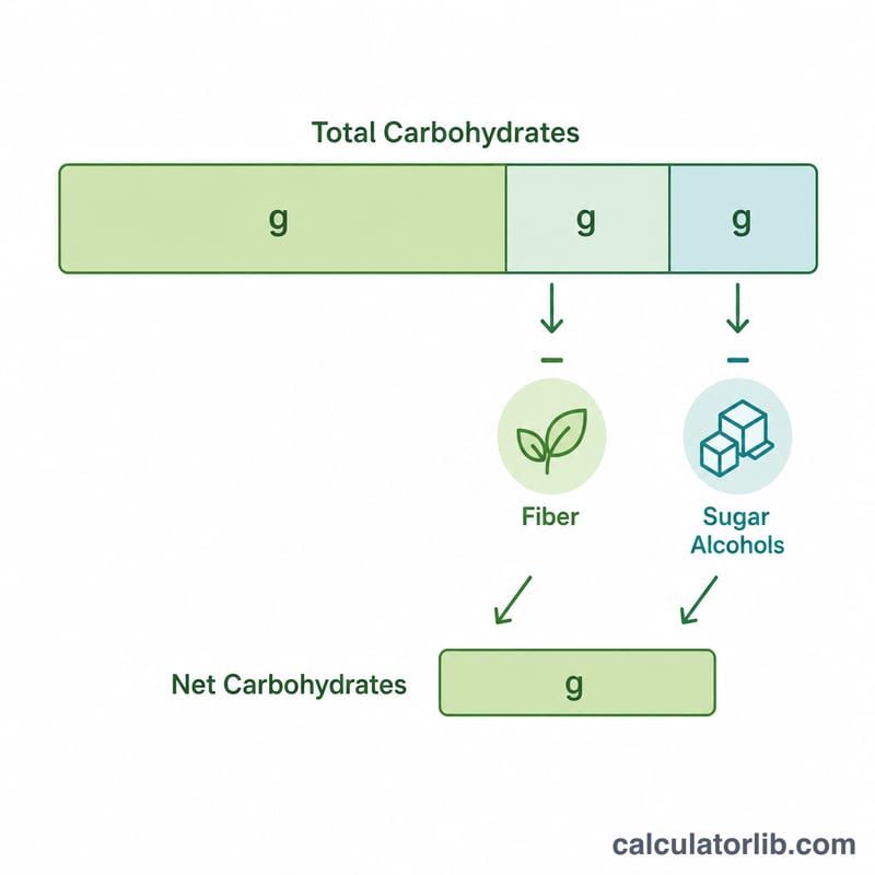 Bar diagram showing total carbs minus fiber and half of sugar alcohols equaling net carbs