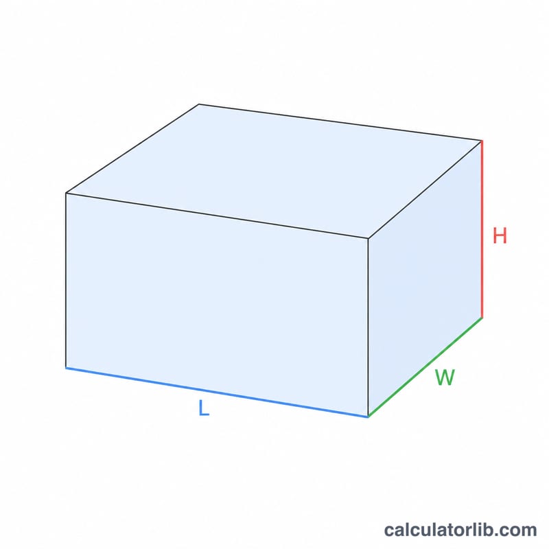 Rectangular box with length, width and height edges labeled