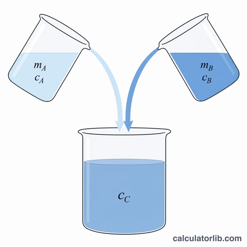 Two beakers of saline pouring into one resulting beaker with mass and concentration symbols