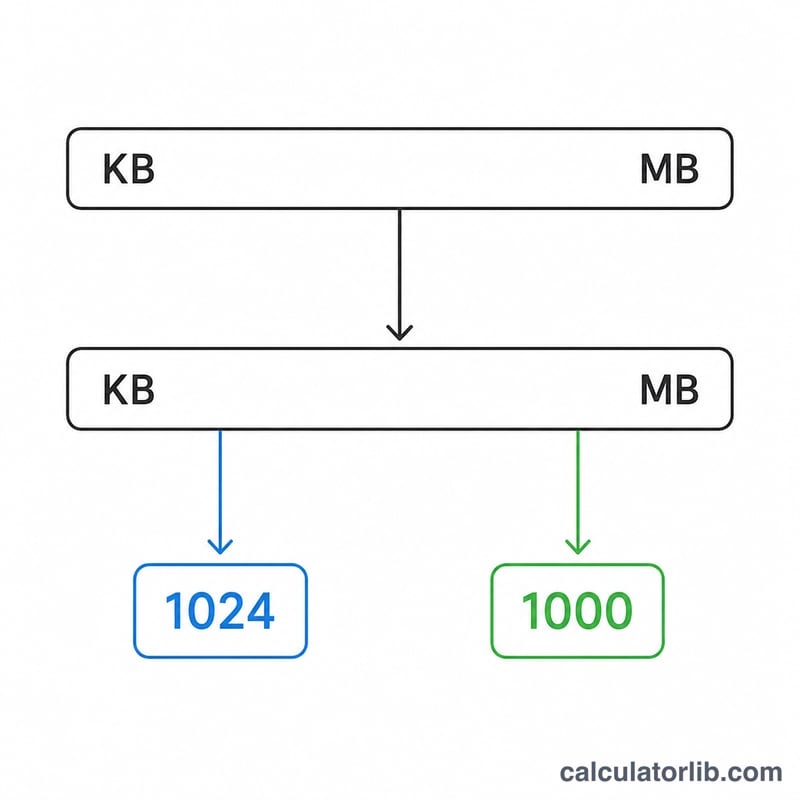Diagram comparing binary and decimal conversion factors between KB and MB