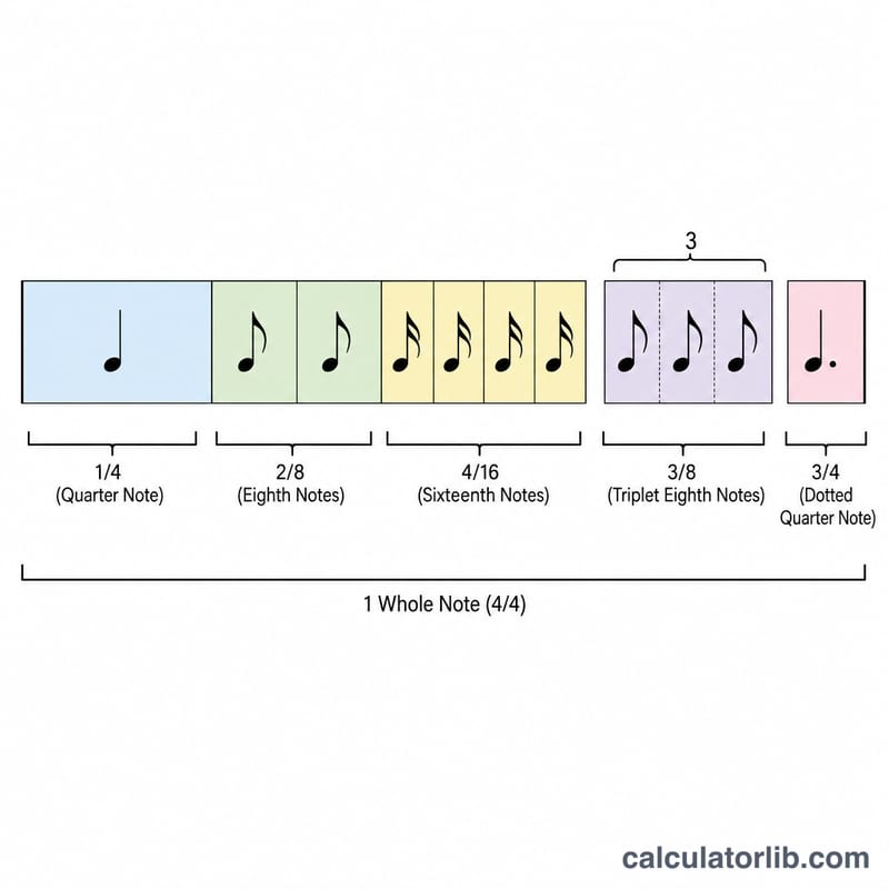 Diagram showing one beat subdivided into quarter, eighth, sixteenth, triplet and dotted note durations