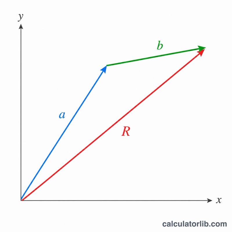 Two vectors A and B added tip-to-tail with resultant R from origin