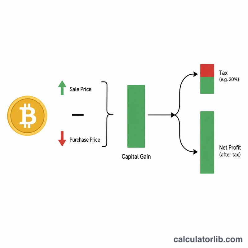 Flow diagram showing sale price minus purchase price giving a gain that is split into tax and net profit