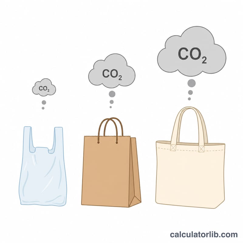 Three shopping bags side by side: plastic, paper, and cotton, each with a small CO2 cloud of different size