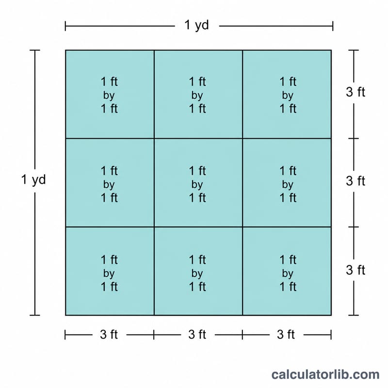 One square yard divided into a 3 by 3 grid of nine square feet