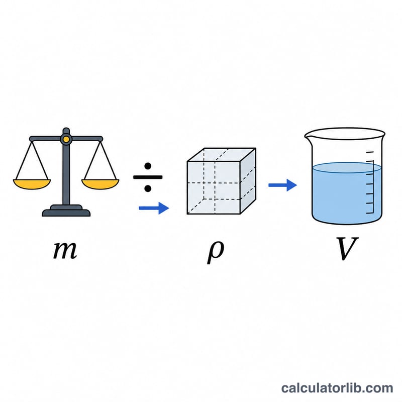 Diagram showing mass divided by density equals volume