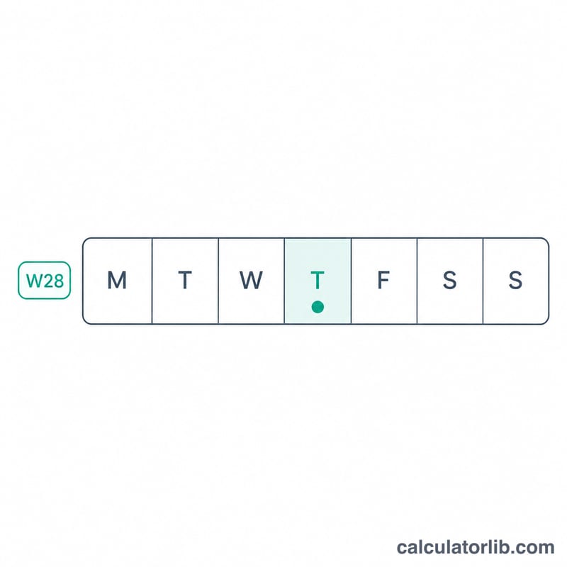 Calendar grid highlighting an ISO week running Monday to Sunday with week number label