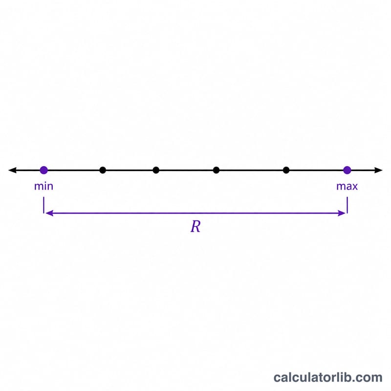 Number line with data points, lowest and highest marked, span between them highlighted as the range