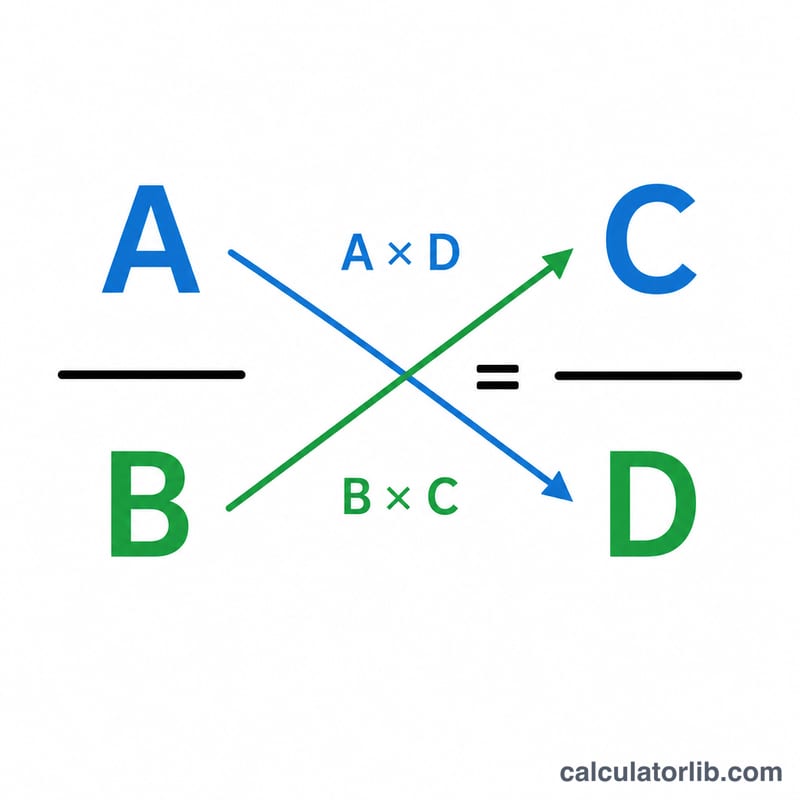 Two equal fractions A/B = C/D with crossing diagonal arrows showing cross multiplication