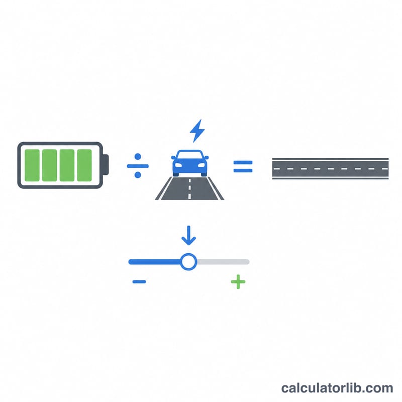 Diagram showing battery capacity divided by energy consumption then scaled by an adjustment factor to give driving range