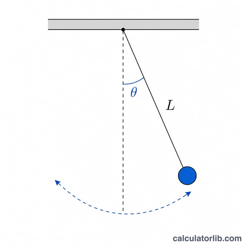 Simple pendulum showing length L, swing angle theta, and arc of motion